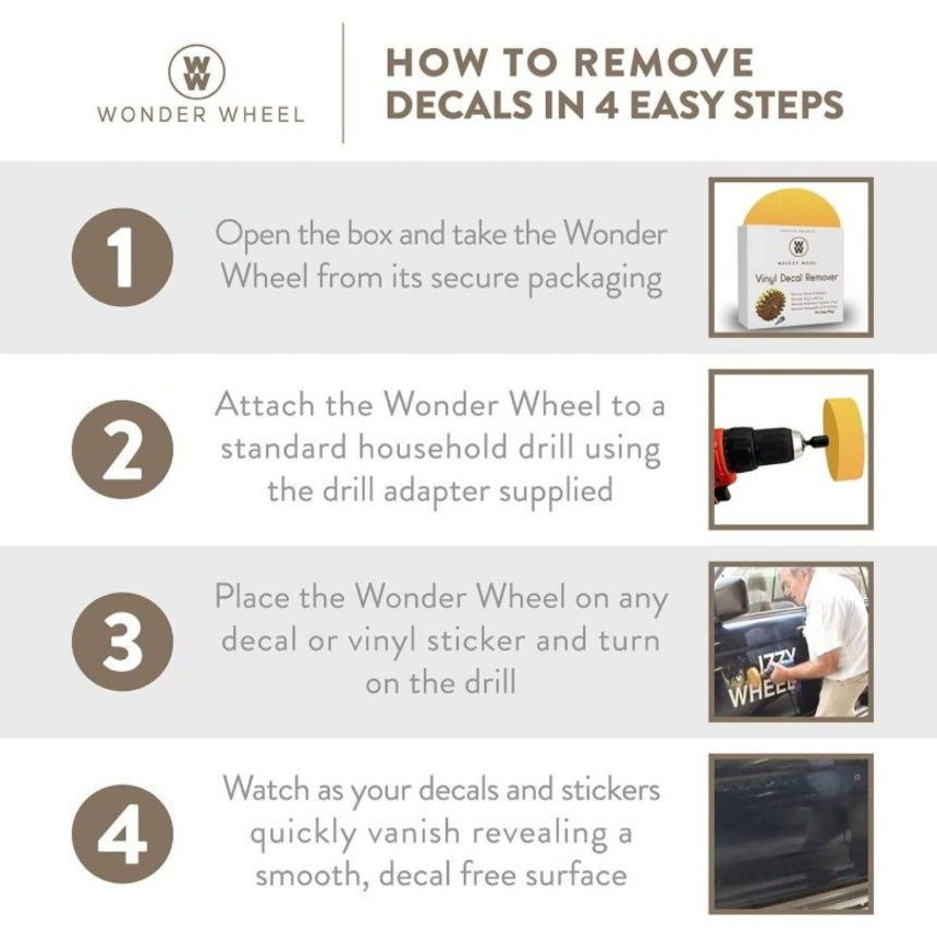 Whizzy Wheel Wonder 4" Decal Remover Eraser Toolkit, Remove Car Decals, Vinyl & Stickers in Minutes, Adhesive Remover Rubber , Emblem Removal Tool, Sticker Remover for Cars, Drill Adapter Supplied
