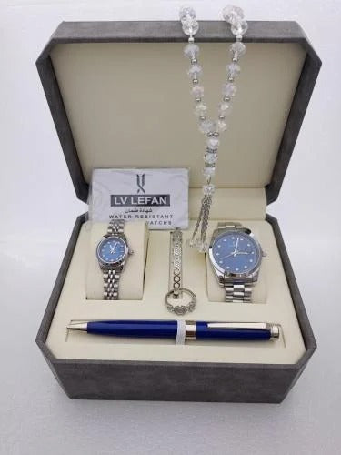 "Men's Stainless Steel Set: Watch, Rosary, Pen & Cufflinks"