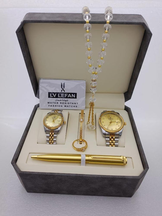 "Men's Stainless Steel Set: Watch, Rosary, Pen & Cufflinks"